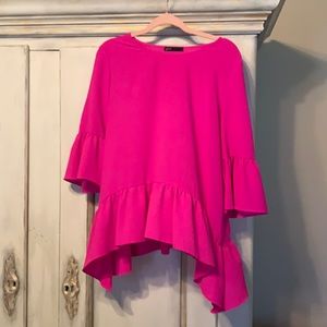 COPY - Fuchsia Gibson Ruffle Hem & Sleeve Blouse